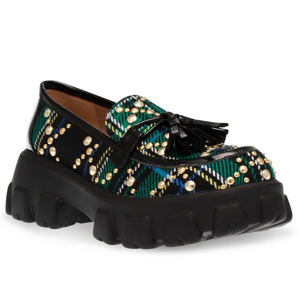 Betsey Johnson Black and Green Loafers with Gold Accents